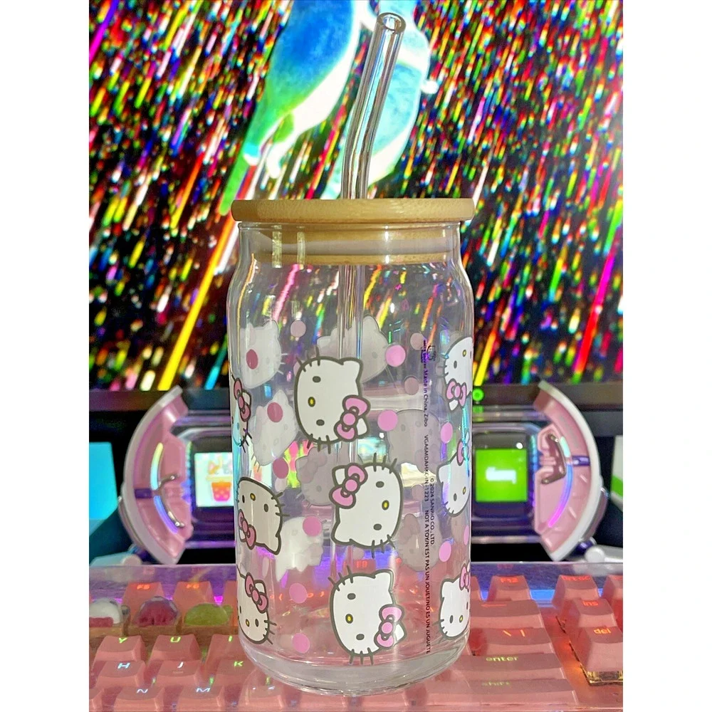 Hello Kitty Glass Tumbler Lid Straw Face Pink Bow Polka Dot Clear 2024 Sanrio
